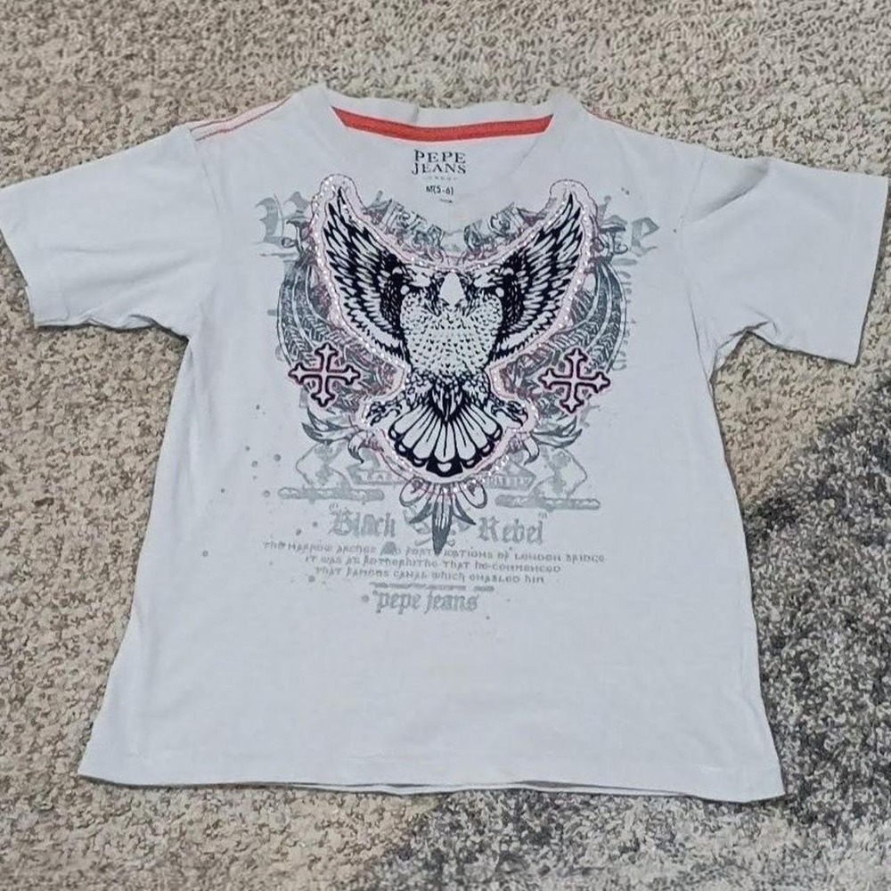 Size M (5-6) Pepe Jeans T-Shirt Gray Eagle Black Rebel Rhinestone Graphic Tee